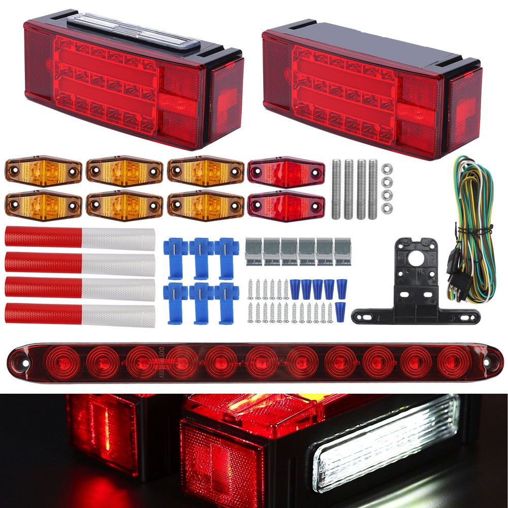 Left+Right LED Submersible Trailer Boat Rectangle Stud Stop Turn Tail Lights Kit