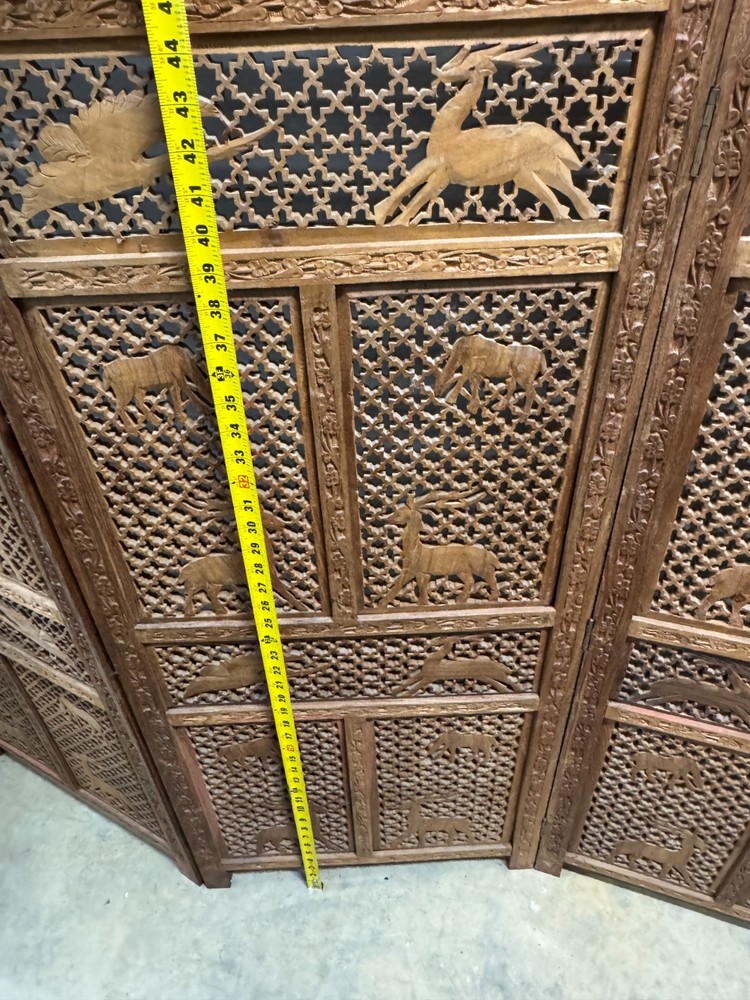 Mid-Century Carved Folding Four Panel Room Divider Screen