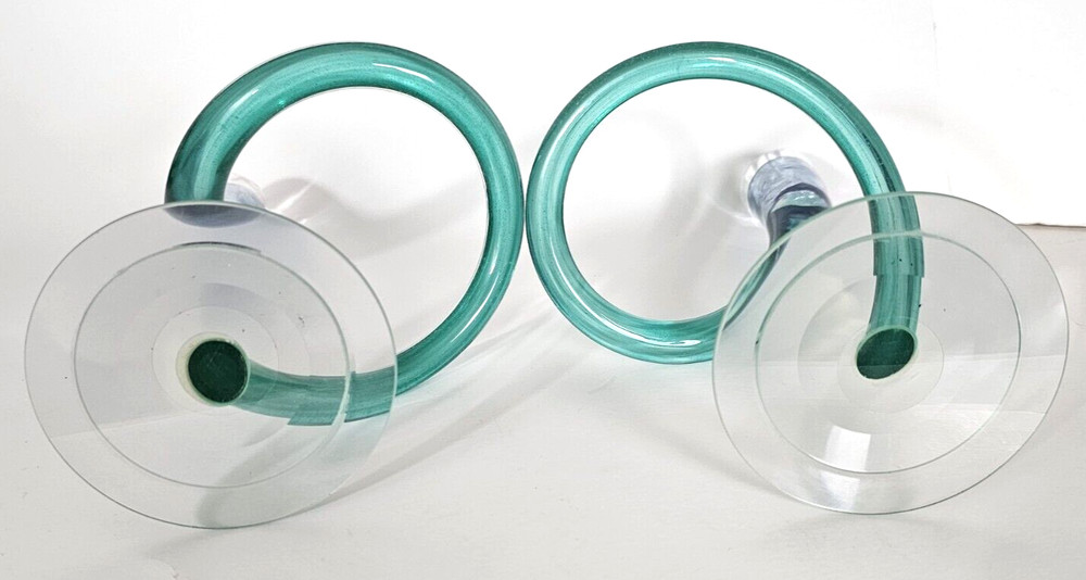 2-Michael Hudson Hand Blown Art Glass Twisted Candlesticks 11" Aqua Interlocking