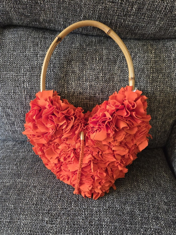 Orange Ruffled Heart Shaped Handmade Purse W/Bamboo Handle