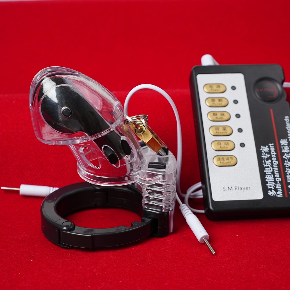 Mens Adjustable Shock Penis Cage E-Stim Chastity Device control box With Straps