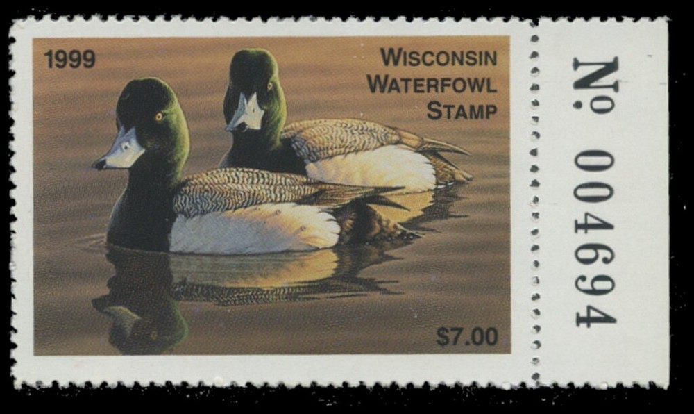 1999  Wisconsin State Duck Stamp Mint Never Hinged. Original Gum