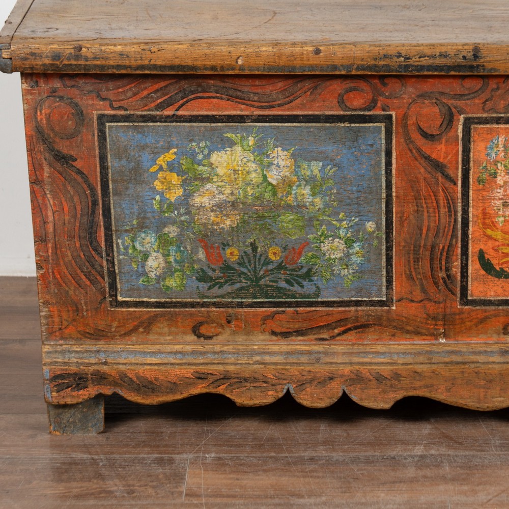 Long Narrow Hand Painted Pine Trunk Bench, Dated 1889