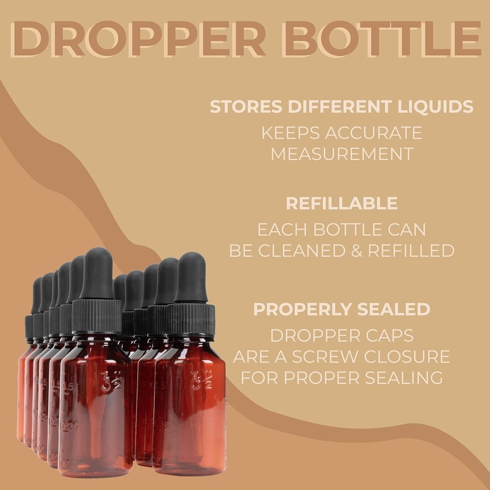 Amber Plastic Dropper Bottle, 1 oz, 12/Box