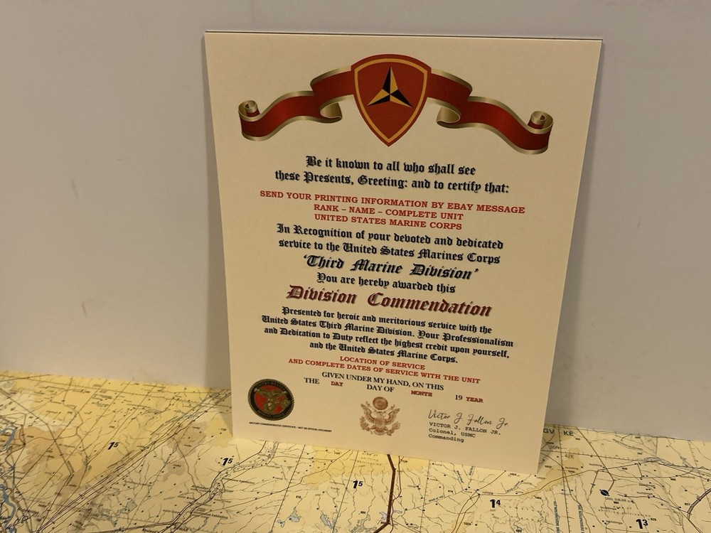U.S.M.C. / THIRD MARINE DIVISION ~ DIVISION COMMENDATION REPLACEMENT CERTIFICATE