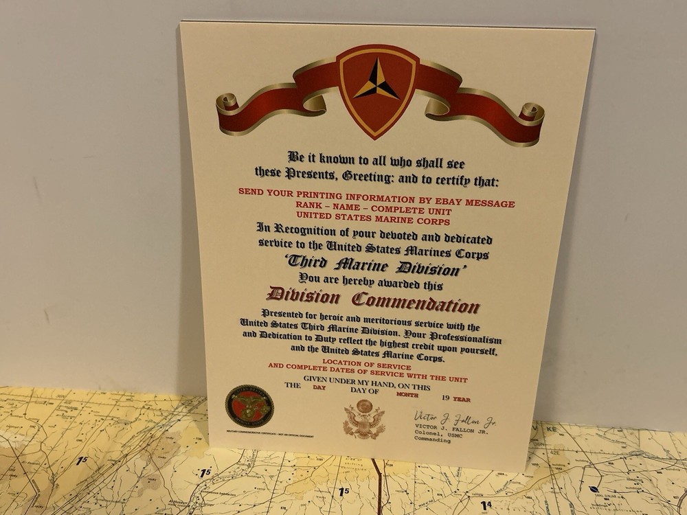 U.S.M.C. / THIRD MARINE DIVISION ~ DIVISION COMMENDATION REPLACEMENT CERTIFICATE
