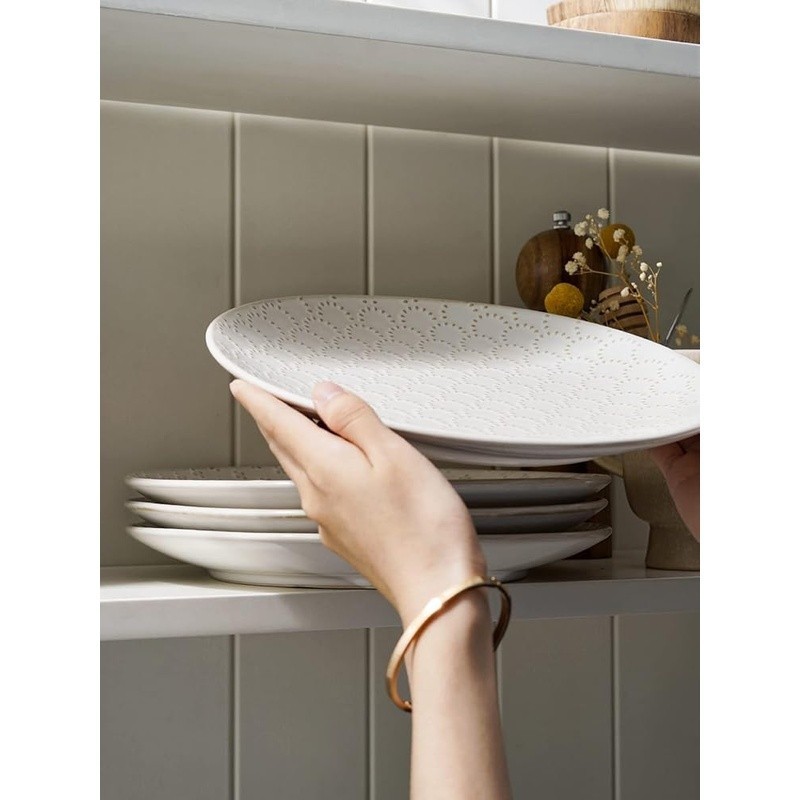 Embossed Ceramic Dinner Plate Set Parties Elegant Tableware Microwave Safe New