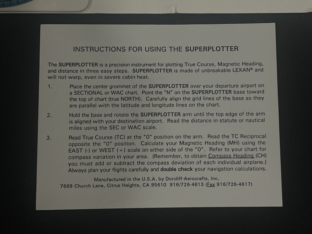 Dorcliff Super Plotter Aviation Navigation Tool w Instructions Sectional WAC