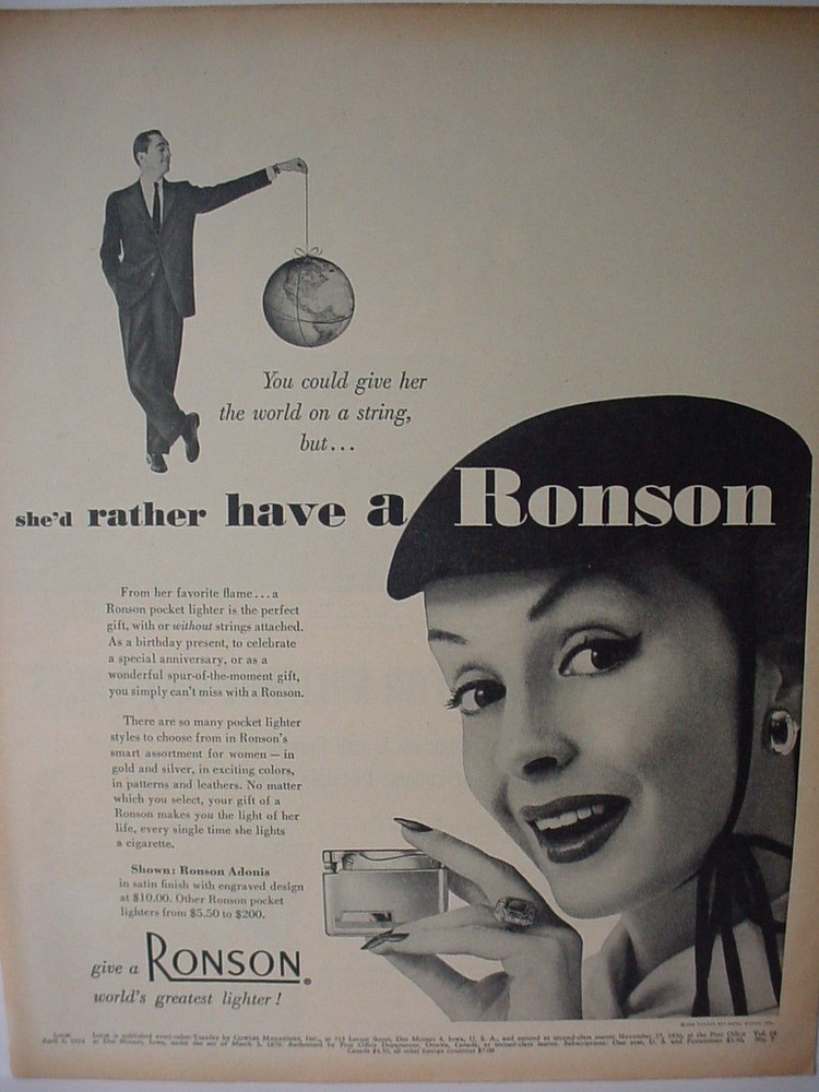 1954 Ronson Adonis Lighter Man with Globe on String Vintage Print Ad 00264