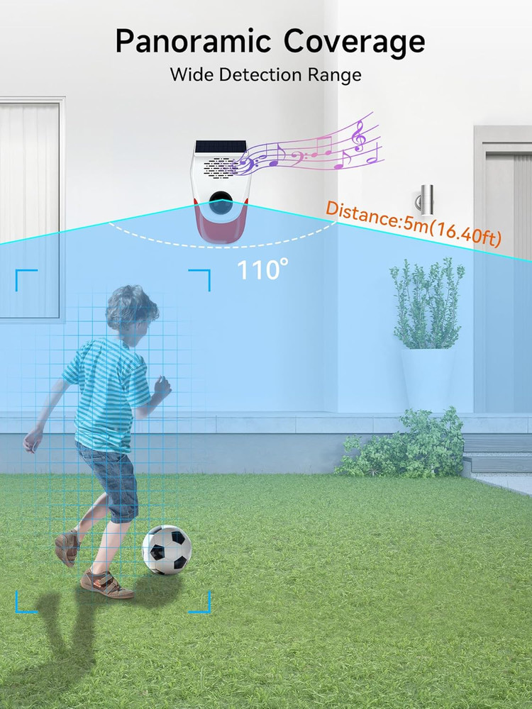 Solar Motion Sensor Alarm with Custom Voice Upload 120Db Loud Noise Maker Strobe