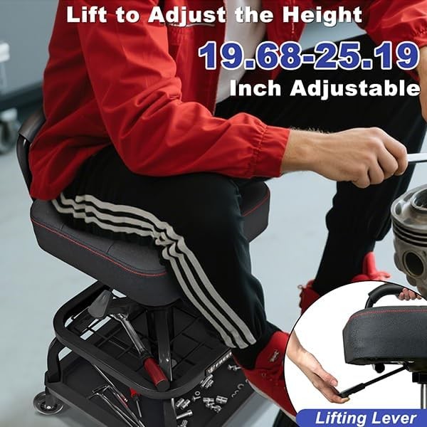 Rolling Shop Stool with Wheels and Handle Backrest,330 LBS Capacity, Black