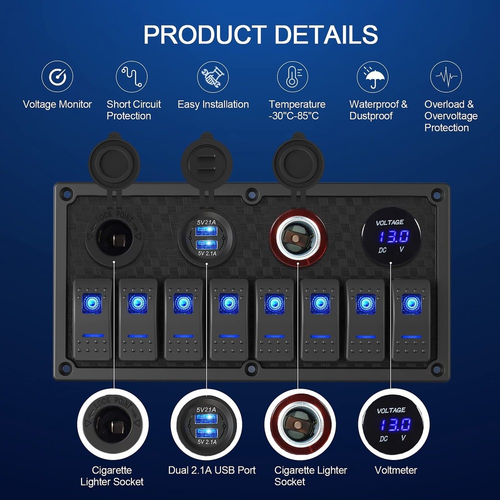 Marine Boat Rocker Switch Panel,Waterproof 8 Gang Toggle Switch Panel with Du...