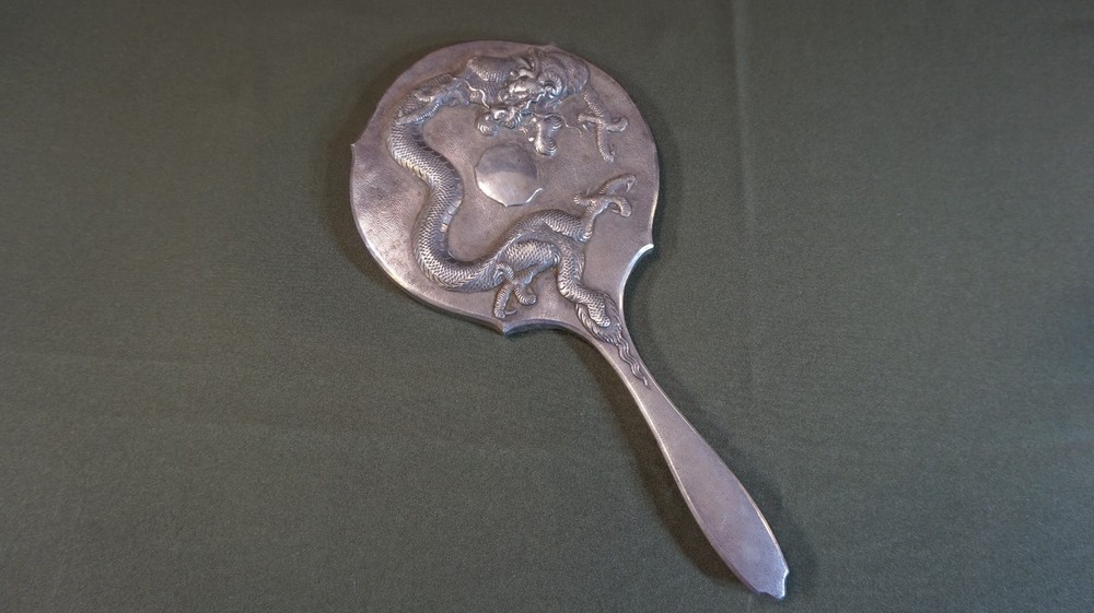 Beautiful 19th~20th Cent. Chinese Export Protruding Dragon Silver Mirror Marked