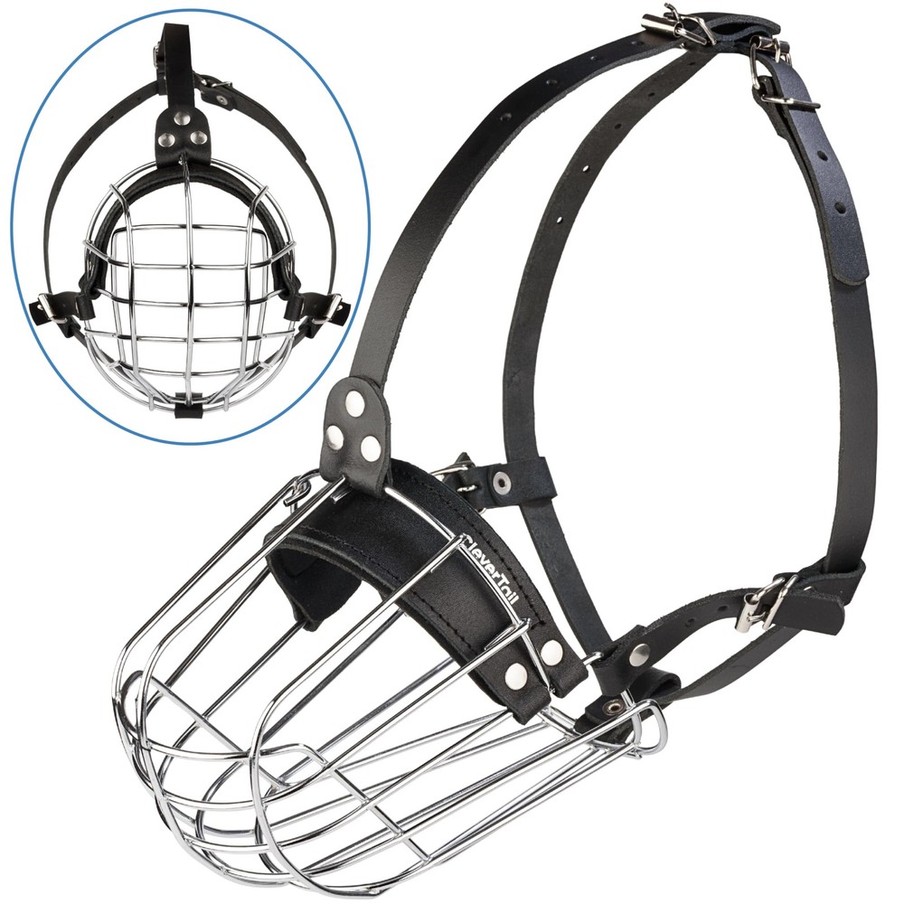 CleverTail Metal Pitbull Muzzle for Large Large, Silver Wire & Black Straps