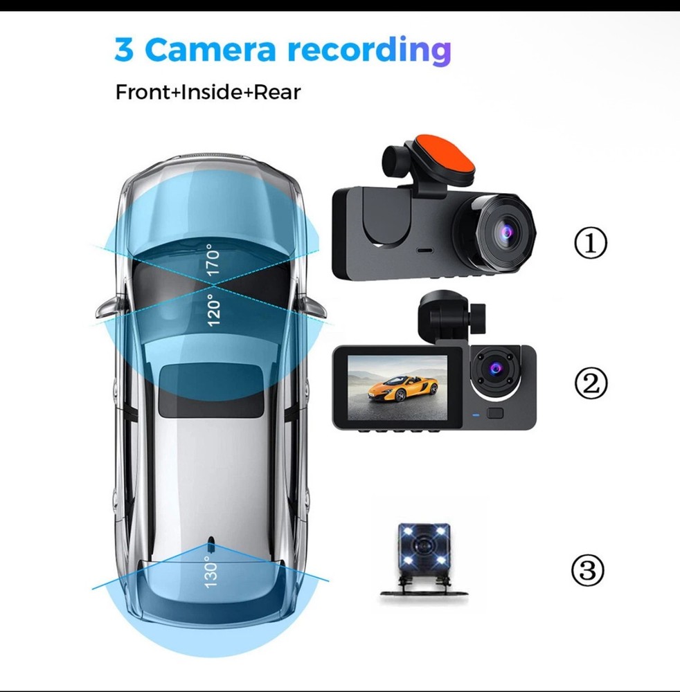 3 Camera Dash Cam Front Rear Inside - WITH WIFI- Video Recorder Night VisioN