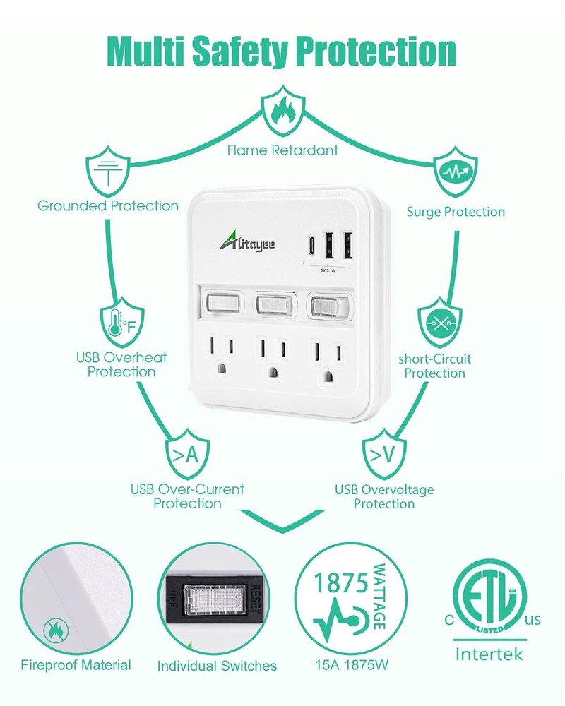 Alitayee Wall Outlet Extender Surge Protector, USB Power Strips with WHITE