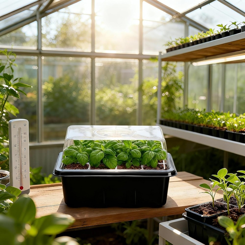 Complete Plant Starter Kit: 5 Seed Starter Trays with Drainage & Labels, Black
