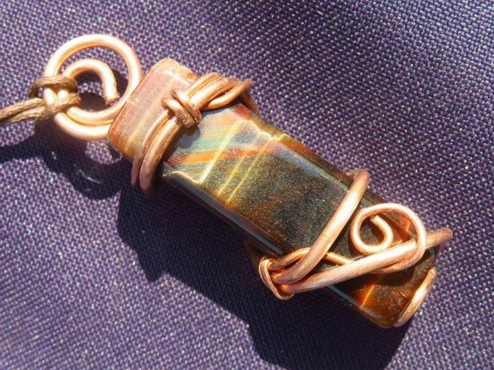 Gem Quality Polished Rectangular Tigers Eye Copper Wire Wrapped Pendant