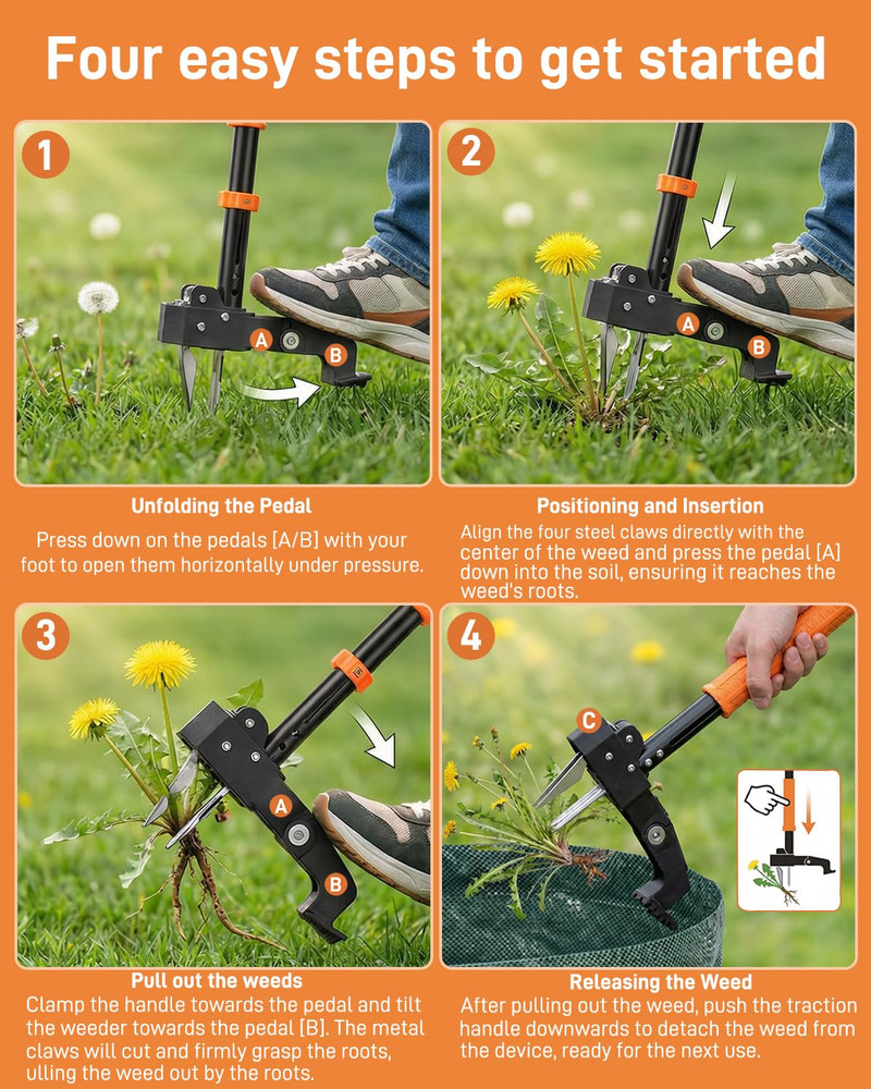 Stand up Weed Puller Tool with 36-46 Inch Adjustable Long Handle and 50L Garden