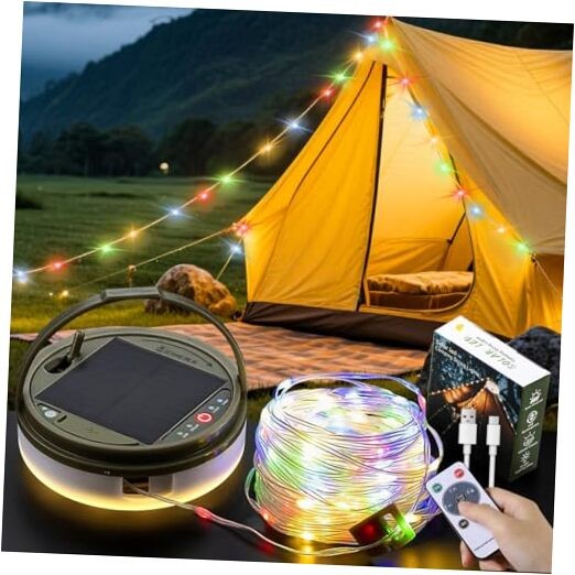 40FT Solar Camping String Lights, Rechargeable String Lights with 8 39.4FT