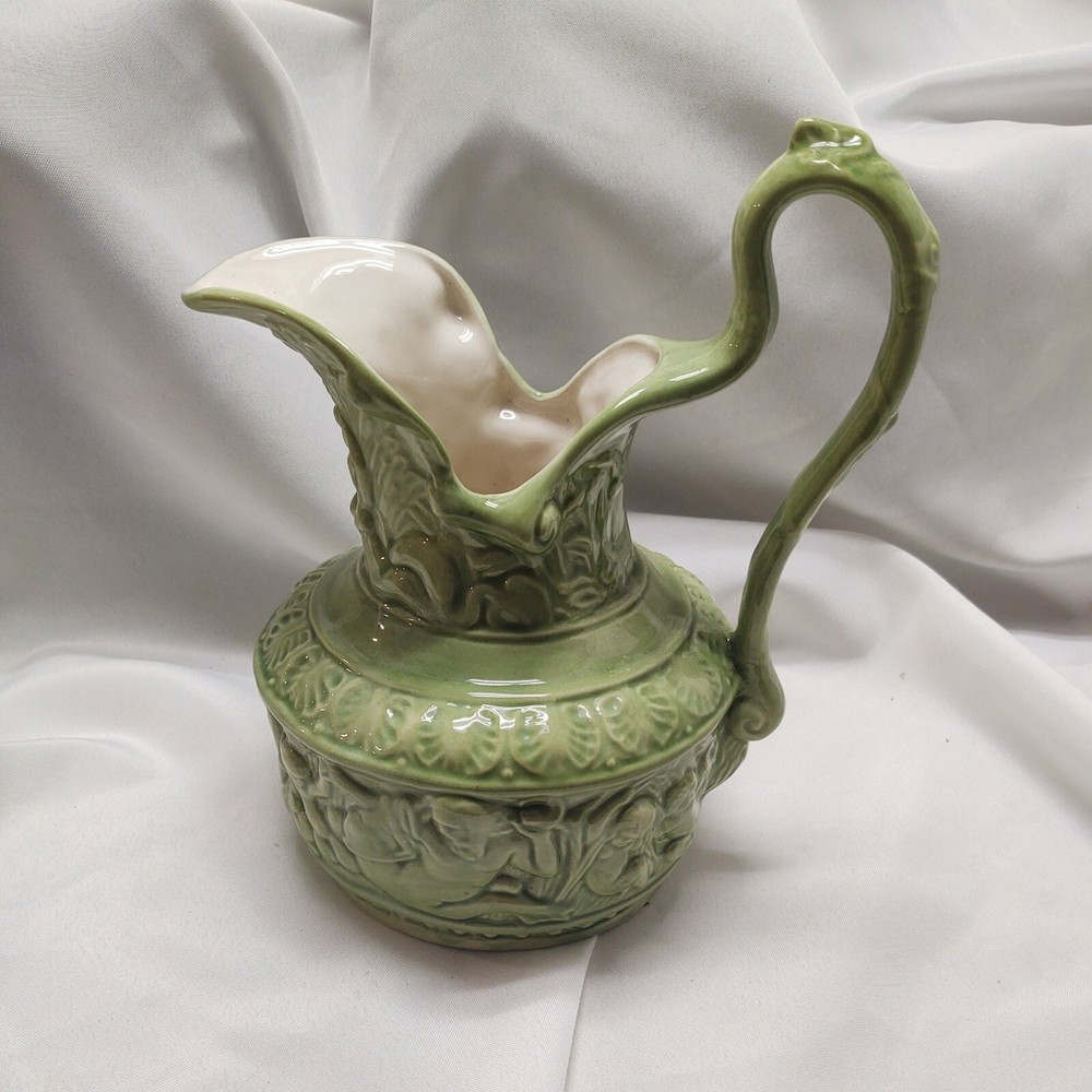 Green Ceramic Pitcher Embossed Glossy
