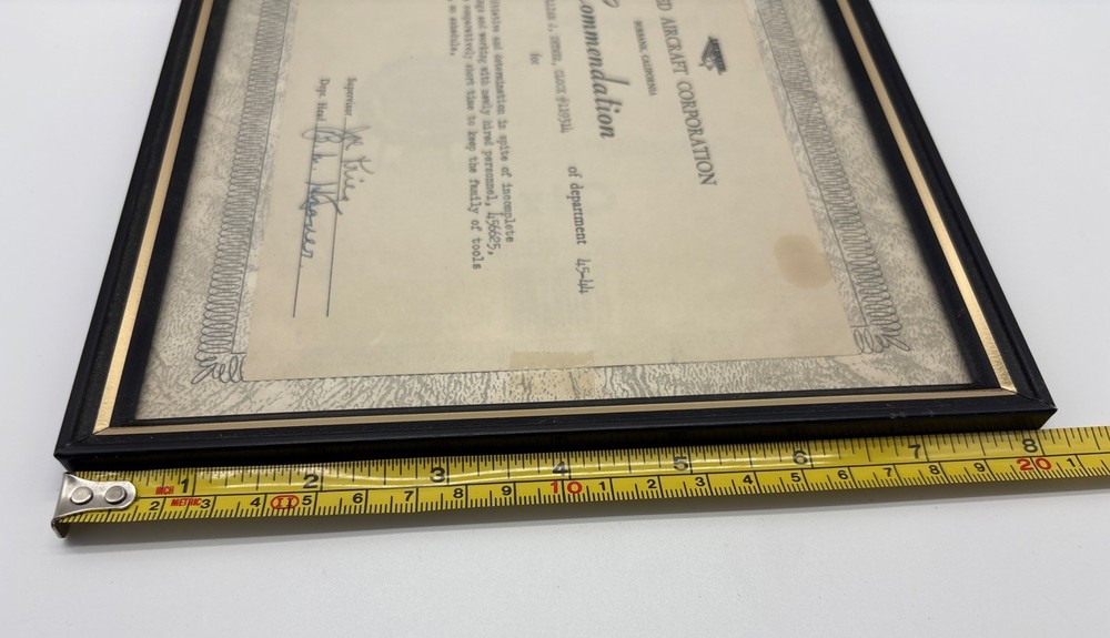 1952 Lockheed Aircraft Corp. Framed Employee Commendation Project: 456625-14E
