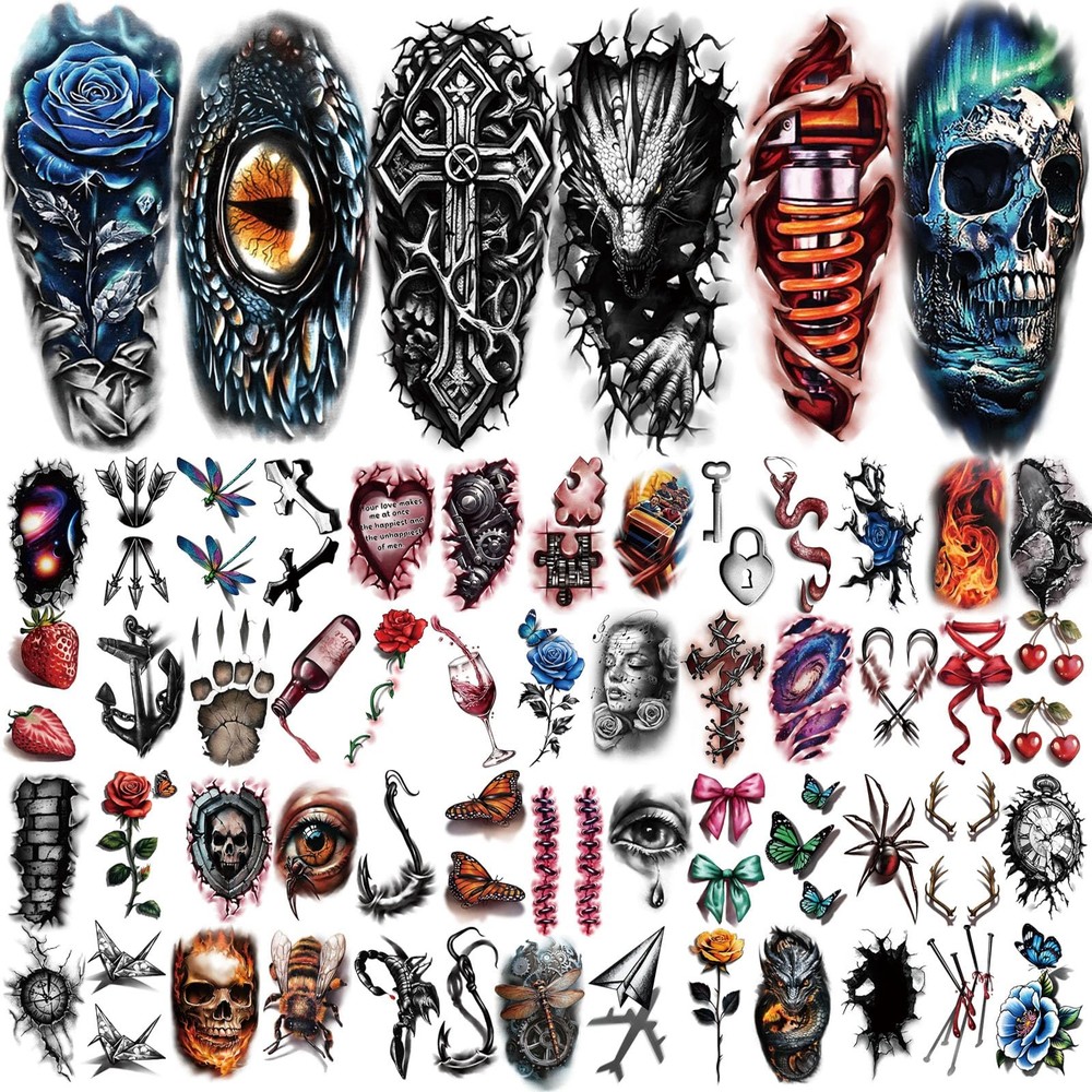 77 Sheets 3D Realistic Temporary Tattoos Adults Kids, Large,