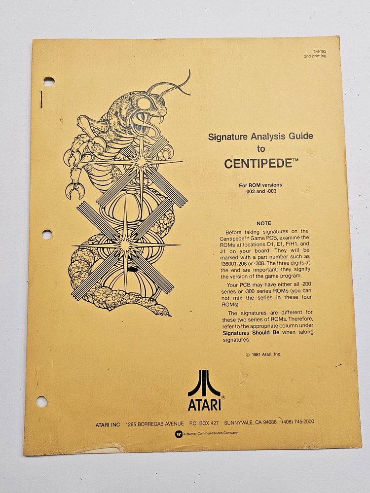 ORIGINAL ATARI  CENTIPEDE SIGNATURE ANALYSIS GUIDE FOR UPRIGHT ARCADE VIDEO