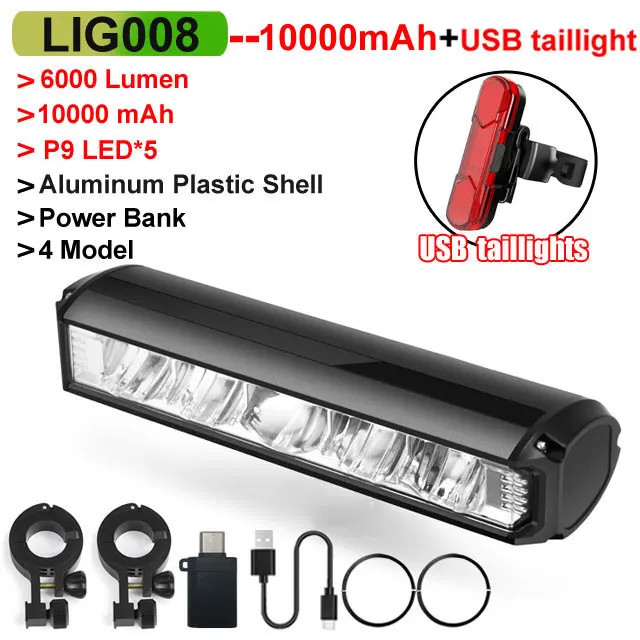 Bicycle Light Front 10000mAh Light 6000Lumen Waterproof Flashlight USB Charging