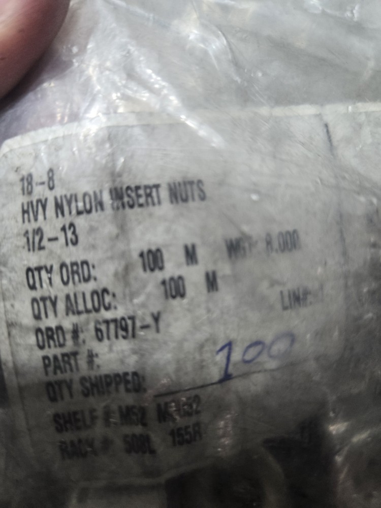Hardware HEX NUTS NYLON INSERT 1/2-13 HEAVY LOCKNUT NUT 100 Pc