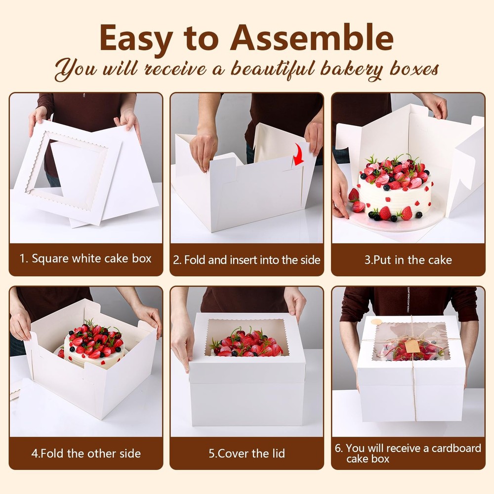 30 Pcs Cake Boxes, 12x12x8 Inch White Bakery Boxes with Window Cake Container...
