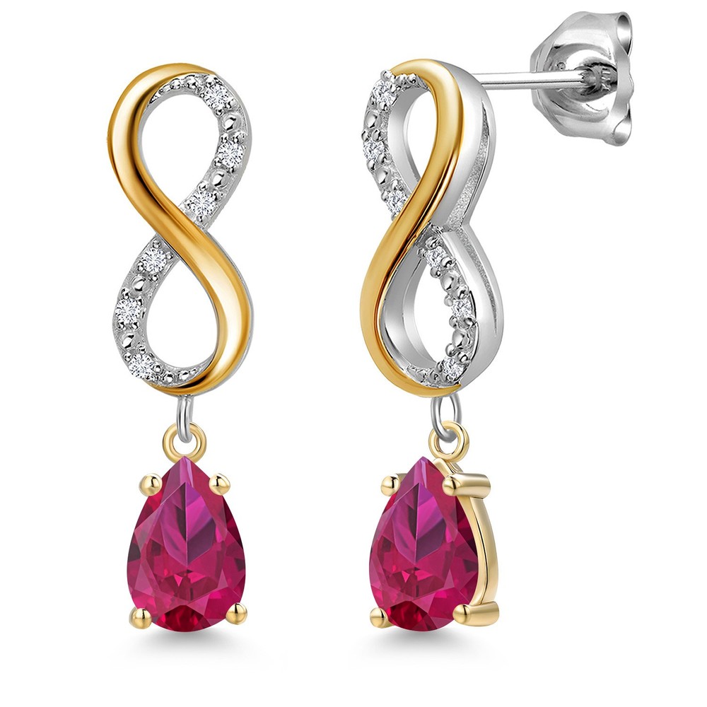 925 Silver and 10K Yellow Gold Created Ruby and Lab Grown Diamond Dangle