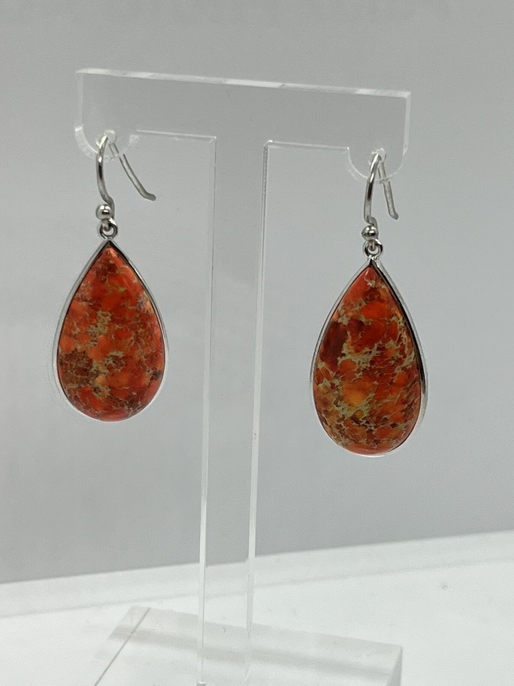 Sterling silver teardrop dangle speckled jasper stone earrings