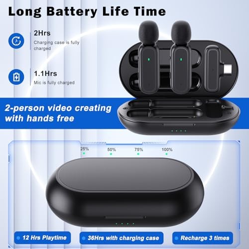 2 Pcs Wireless Lavalier Microphone for iPhone iPad Android PC, Mini Mic with