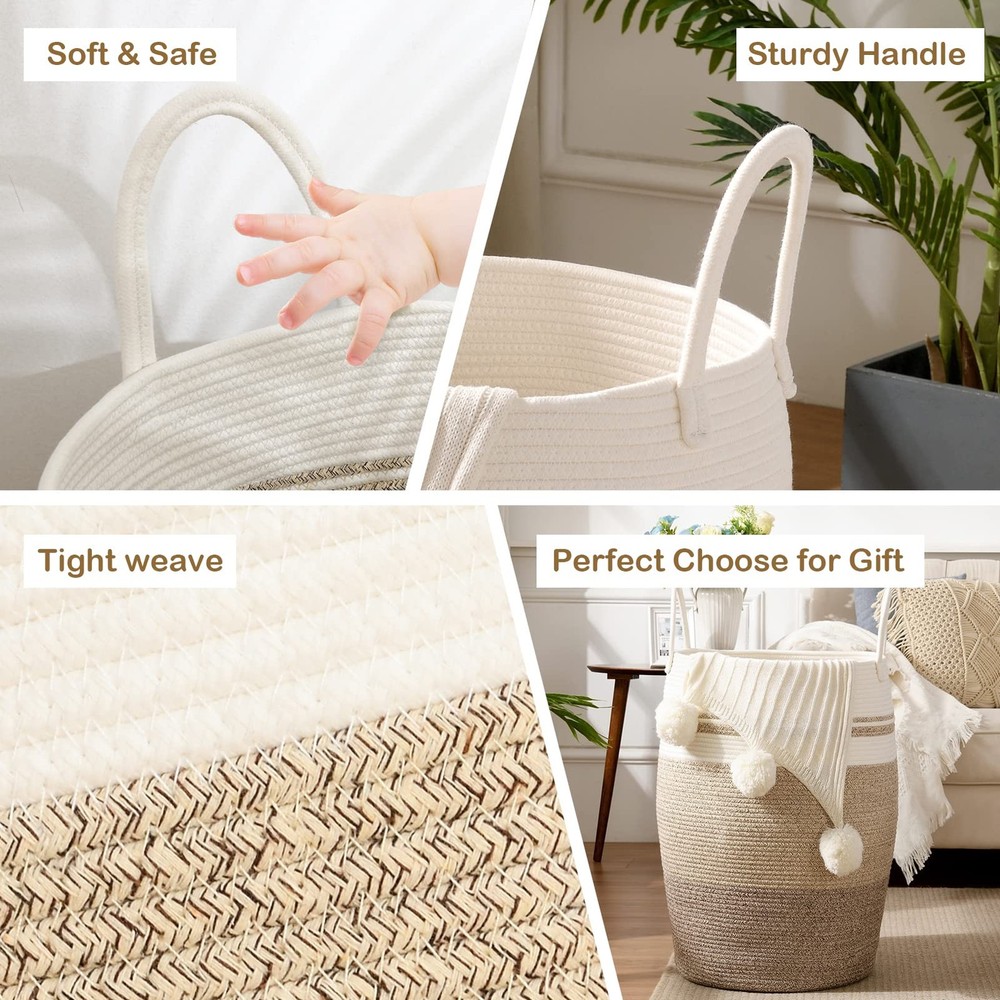 Laundry Hamper Woven Rope Large Clothes Hamper 25.6" Height Tall Laundry Bask...
