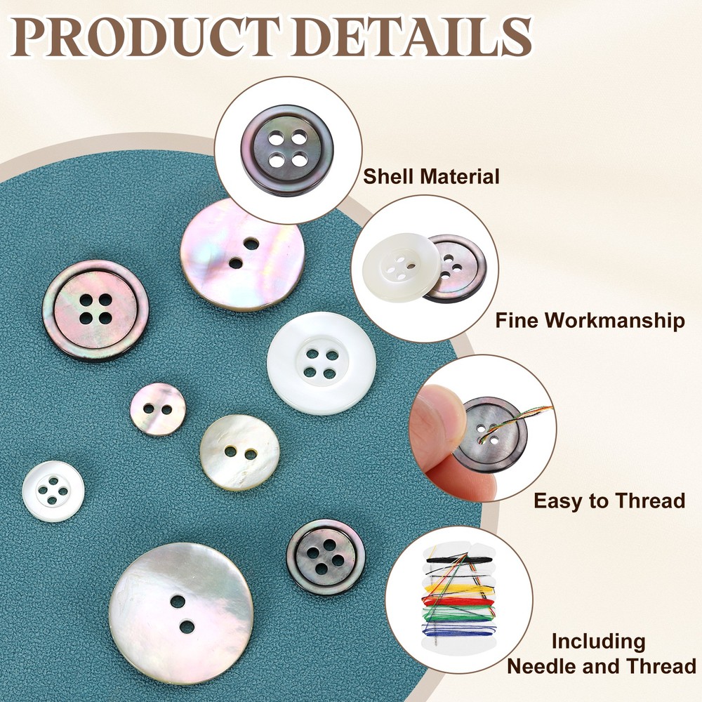 25Pcs 4 Hole 9mm Natural Shell Button with Sewing Thread Kit, Black