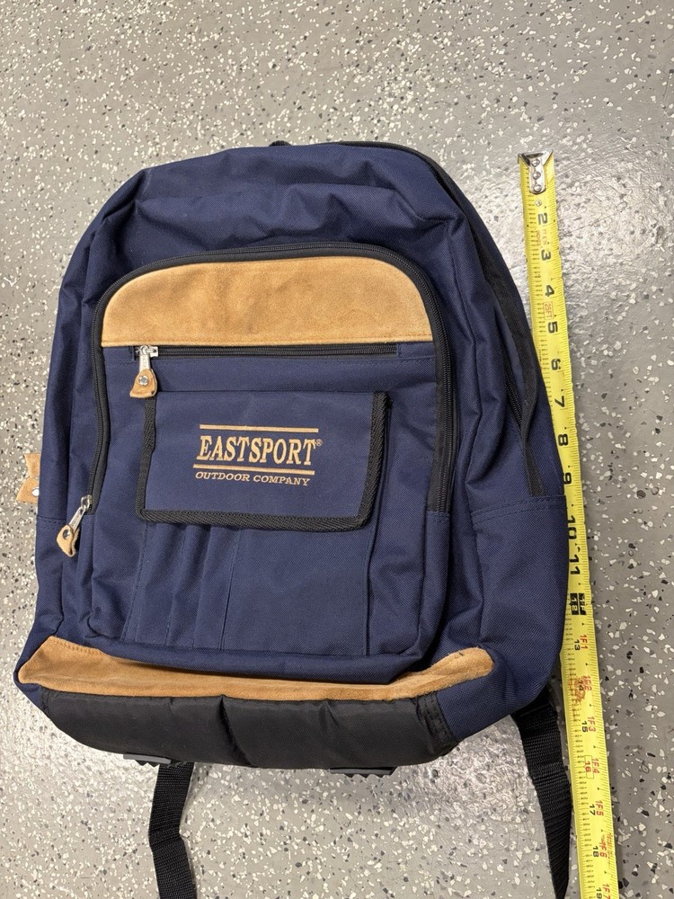 Eastsport Fabric & Suede Navy Blue & Tan Daypack Backpack, Multiple Compartments