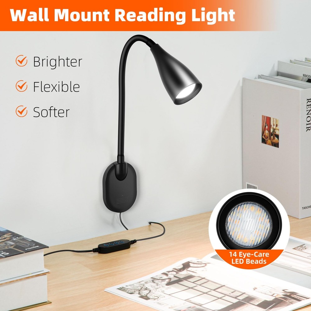 Wall-Mounted Bedside Reading Light with USB Charging Port, 10-Level Dimmable ...