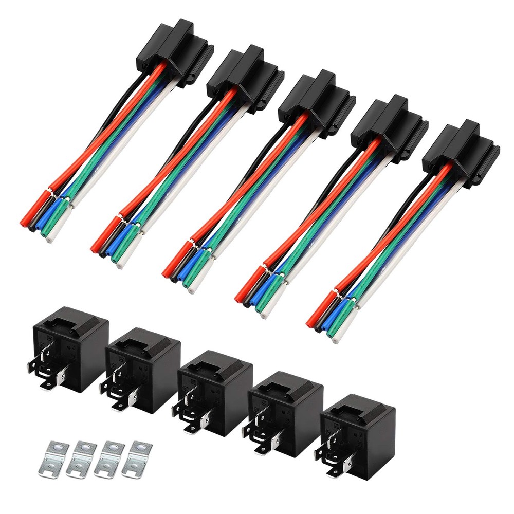5x 12Volt 40A 5-Pin Universal Relay with Wiring Harness Socket & Iron Bracket
