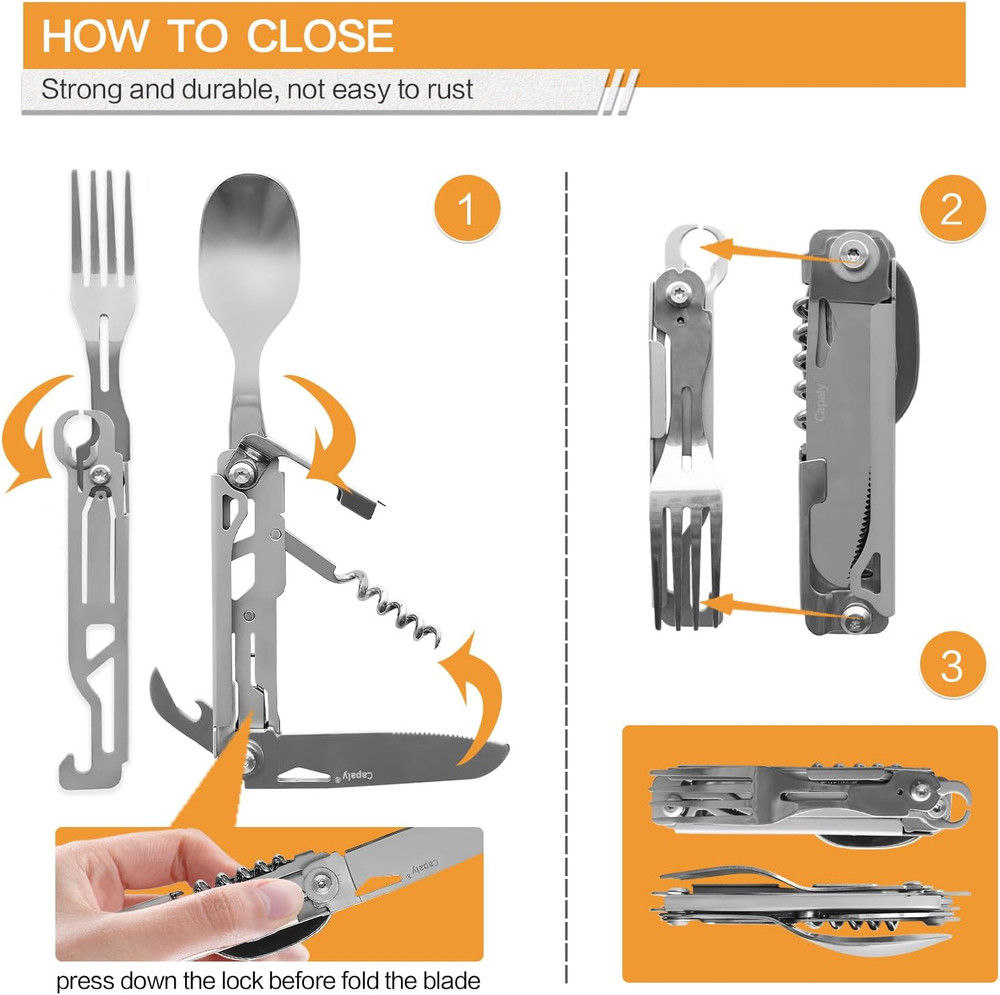 6-In-1 Detachable Camping Utensils Flatware Set, Folding Spoon Fork Knife Can Op