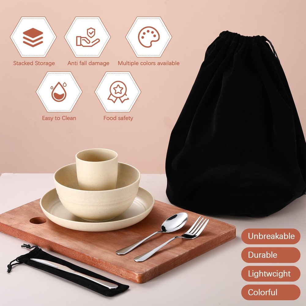 4 Sets Camping Mess Kits for 4 Person Camping Silverware Set Include Cup, Bow...