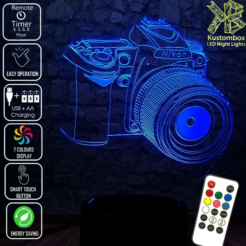 NIKON CAMERA SLR 3D LED BATTERY USB NIGHT LIGHT 7 COLOURS REMOTE CONTROL & TIMER
