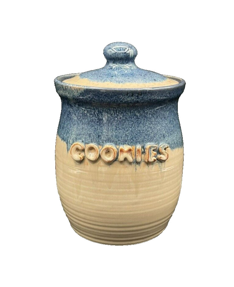 2008 Earth & Fire Pottery Canada Blue Beige Glazed Cookie Jar