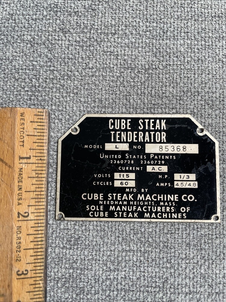 Vintage Cube Steak Tenderator Specifications Plate