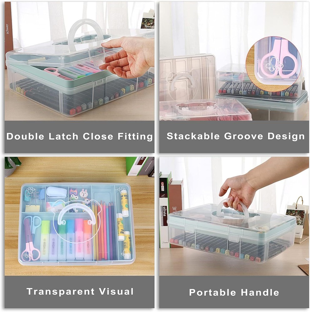 BTSKY 2-Tier Cute Bear Storage Box with Removable Divided Tray Portable Blue