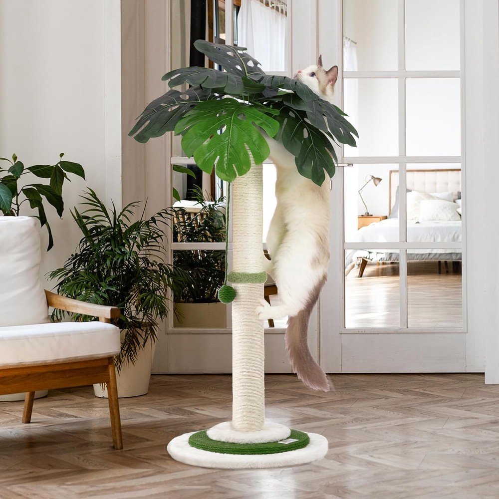 Three-tiered cat tree tower. 35-inch tall modern monstera leaf design.