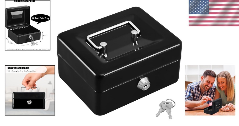 Portable Black Cash Box with Key Lock - Secure and Compact Storage Solution