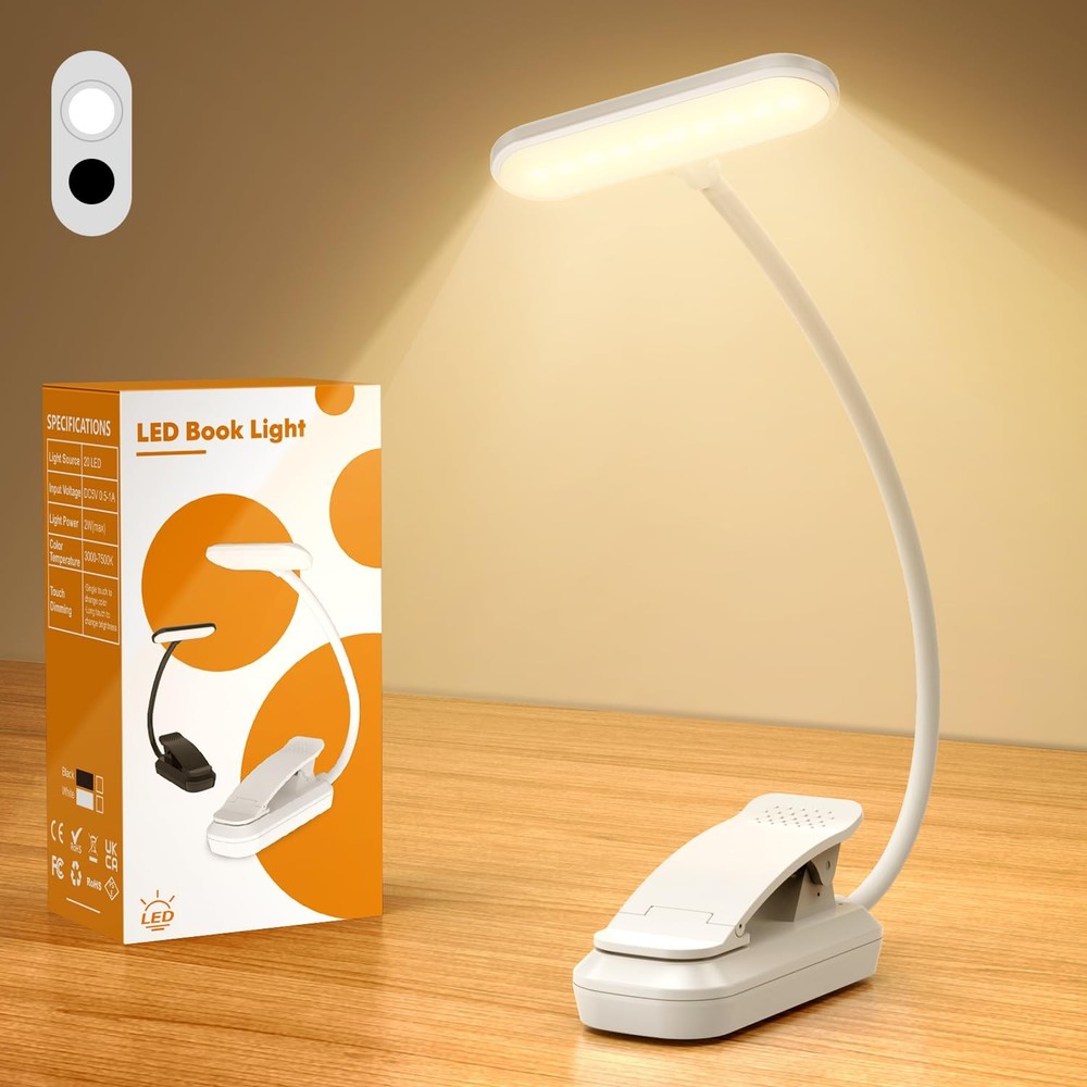 20 LED Book Light Clip On USB Rechargeable Reading Light 3 Color Temperatures