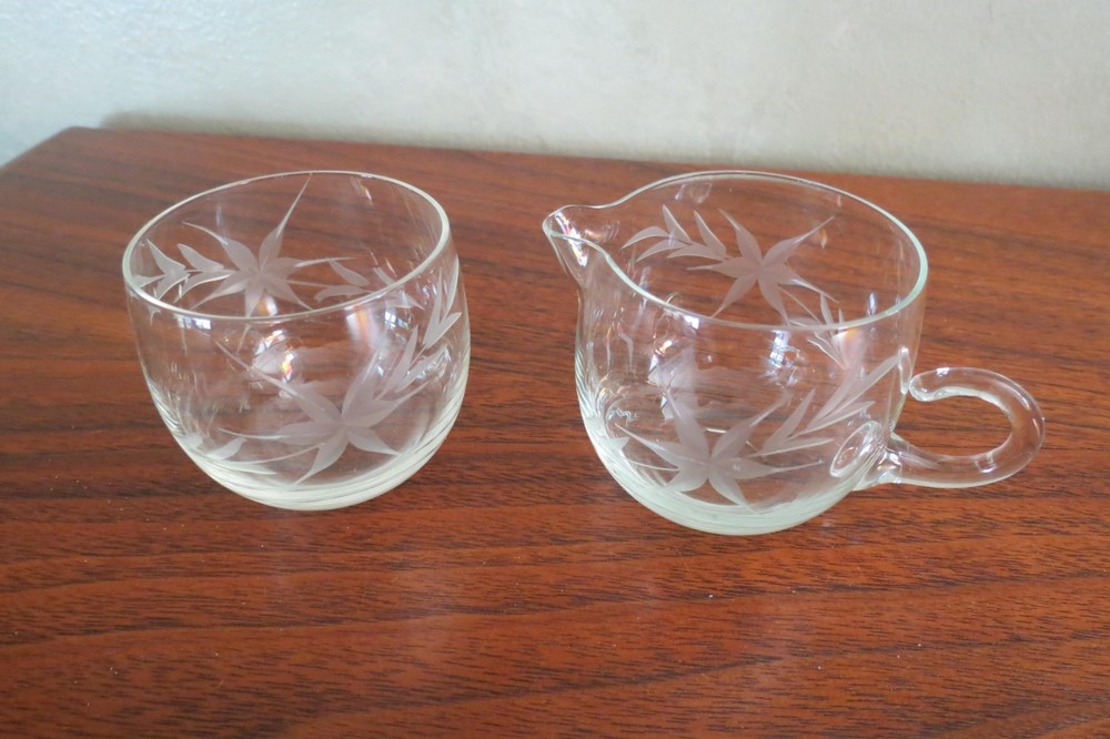 Petite Etched Hand Blown Creamer and Sugar Bowl