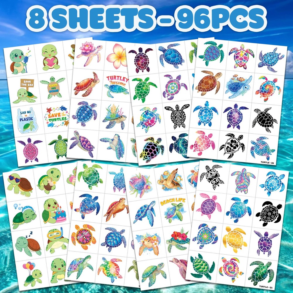 96 PCS Turtle Pre-Cut Temporary Tattoos for Kids | Super Medium, multiple